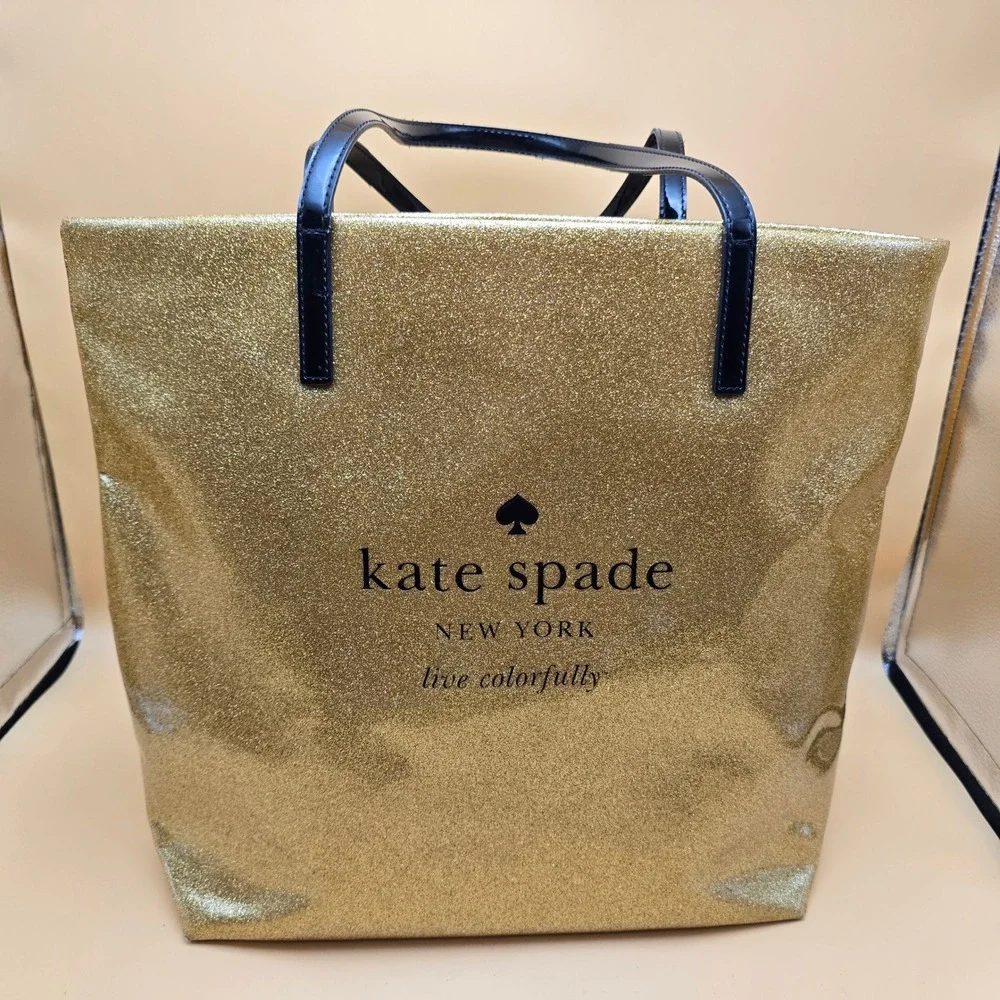 Kate Spade Live Colorfully Gold Glitter Tote Bag Black Patent Handles Large